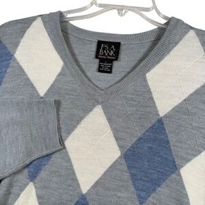 JOS A BANK Signature Collection Mens Argyle V Neck Sweater 100 Merino Wool Large